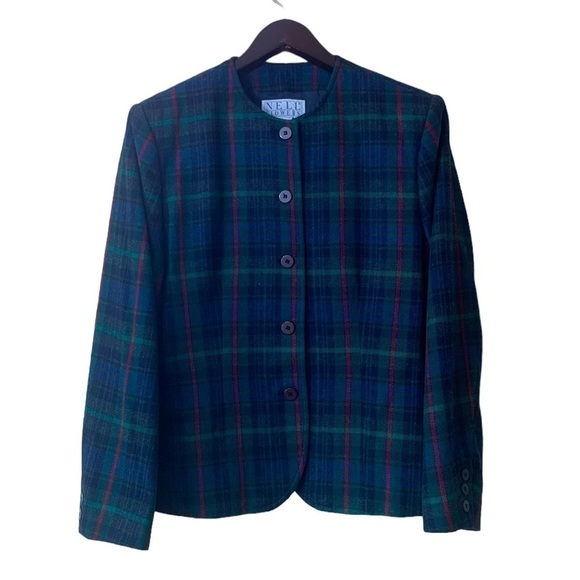 Vintage 90s Navy Green Wool Tartan Plaid Holiday Preppy Blazer Jacket - Picture 1 of 8